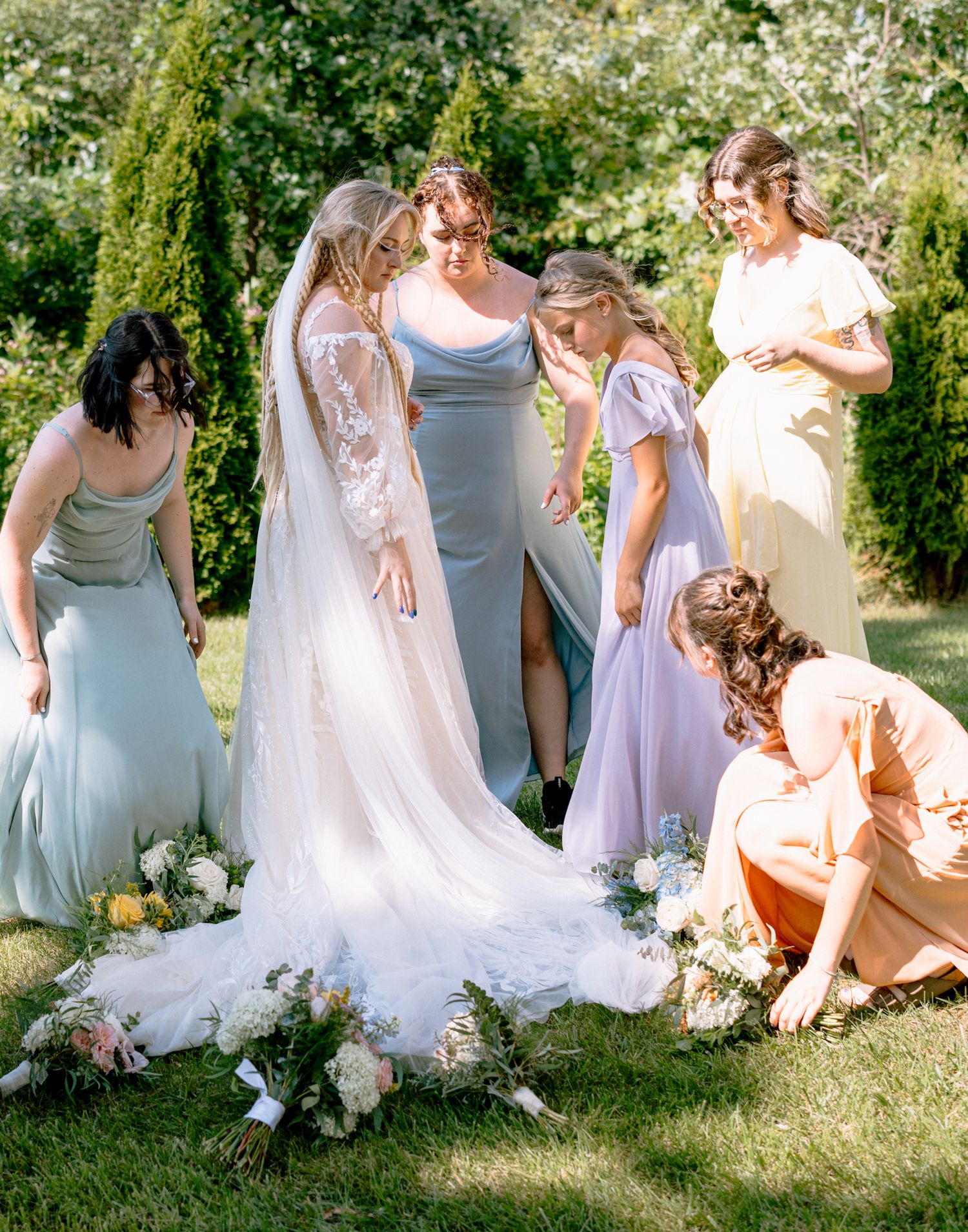 Bride surrounded by bridesmaids, captured by a luxury Chicago wedding photographer specializing in documentary and editorial weddings.