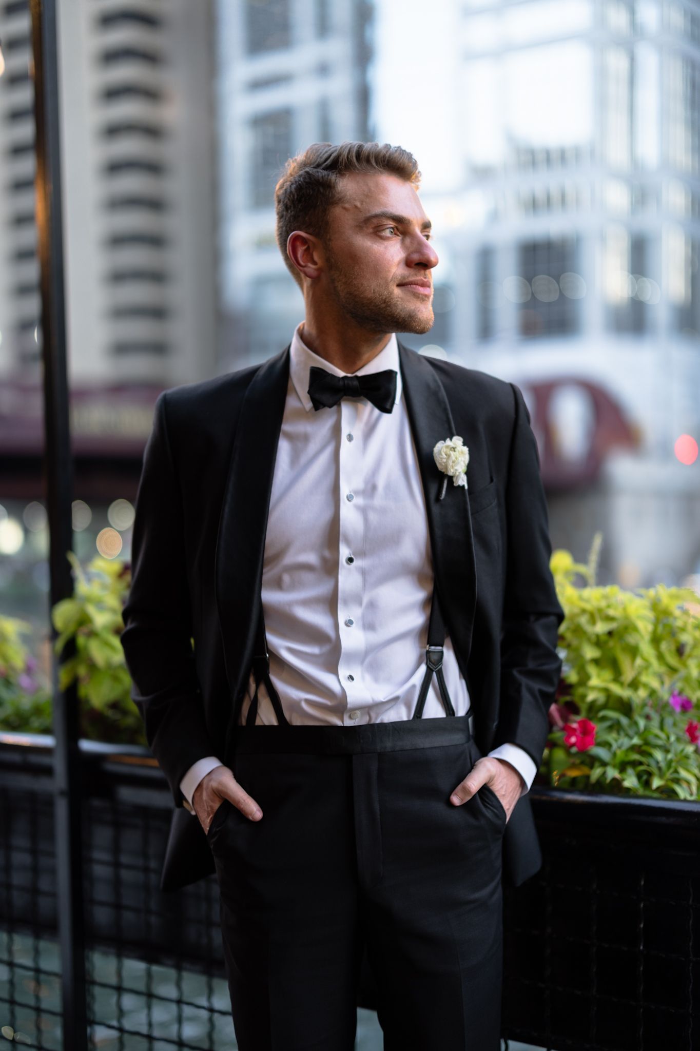 Styled portrait of groom at River Roast, captured by a luxury Chicago wedding photographer specializing in documentary and editorial wedding