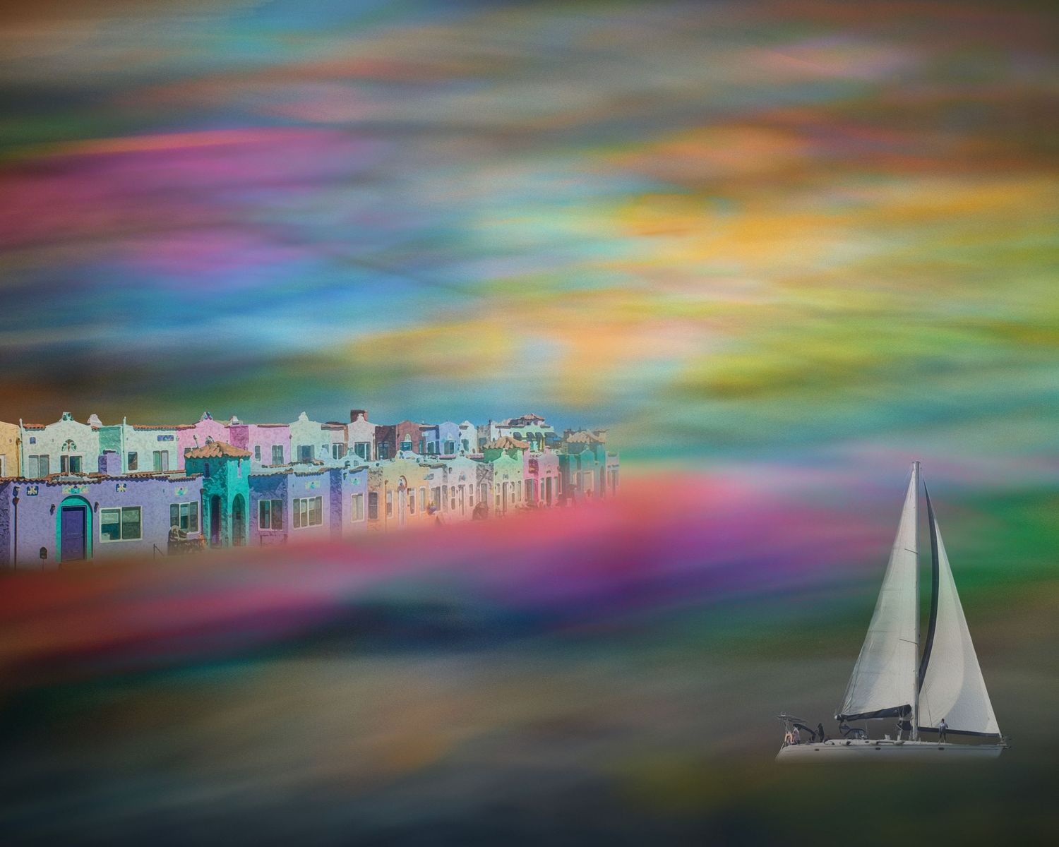 Colorful surreal painting of a sailboat on vibrant rainbow waters near a pastel Mediterranean coastal town.