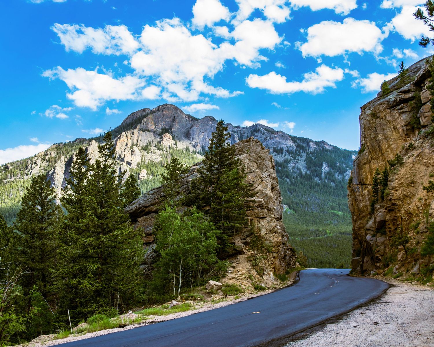 A winding mountain road cuts through rocky cliffs and pine trees under a bright blue sky with white clouds.