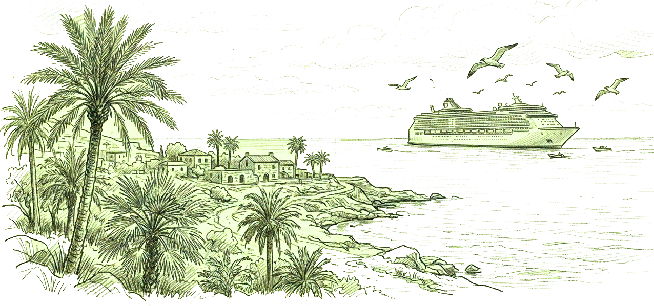 Green sketch illustration of a tropical coastline with palm trees, colonial buildings, and a cruise ship at sea.