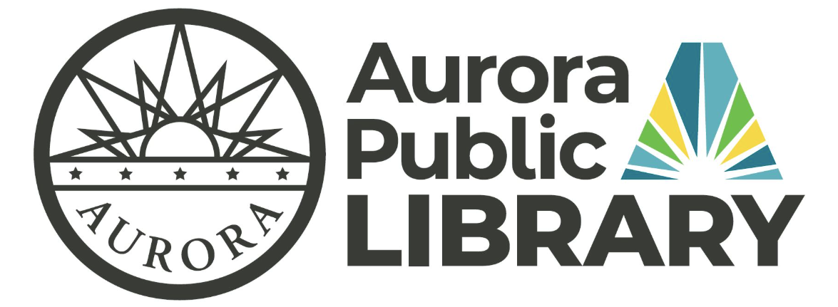 Aurora Public Library logo featuring a circular emblem with a sun and stars beside colorful geometric shapes.