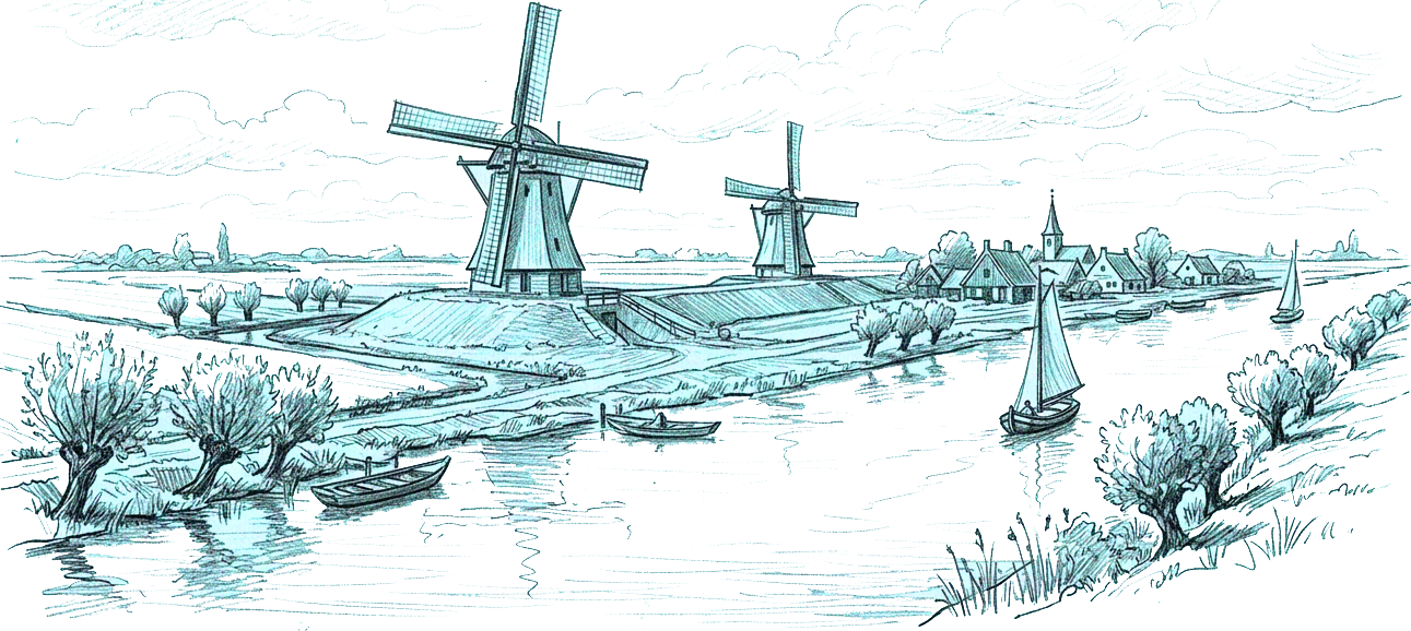 Vintage sketch of Dutch windmills along a calm river with sailboats and willow trees in a serene countryside landscape.