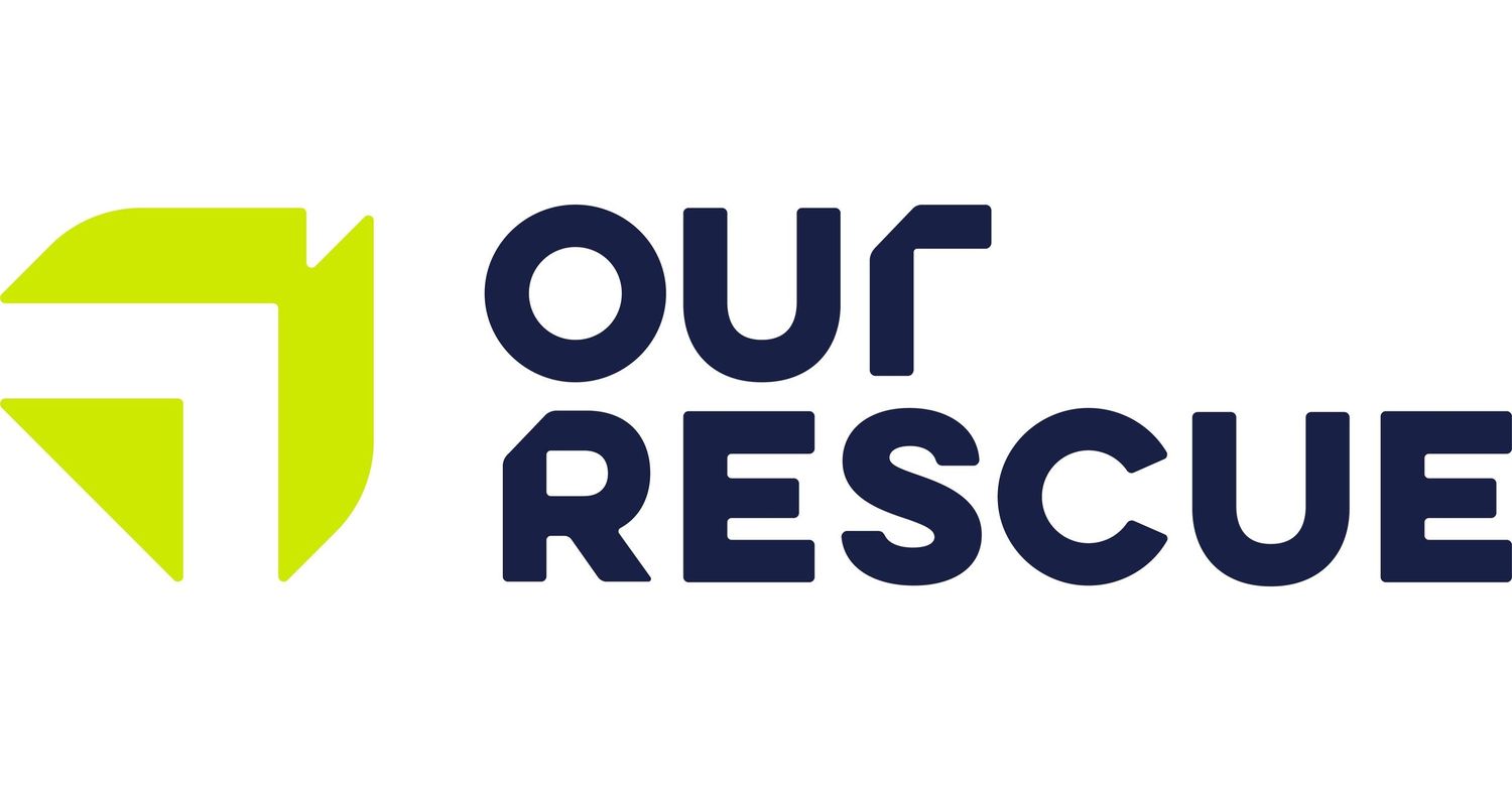 Our Rescue organization logo featuring a lime green arrow icon alongside bold navy blue text reading Our Rescue.