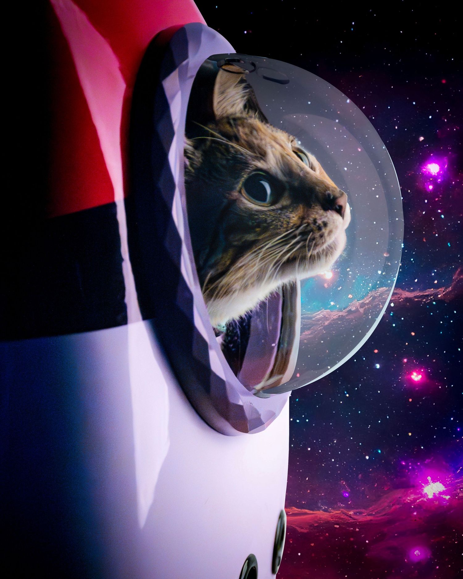 A cat wearing a space suit helmet floats against a vibrant cosmic nebula background in this whimsical digital artwork.