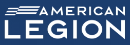 American Legion official logo with bold white text on a navy blue background with patriotic flag stripes.