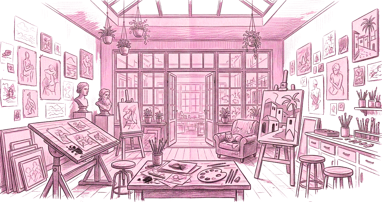 Pink-toned sketch of an art studio with easels, canvases, and large windows in a cozy creative workspace.
