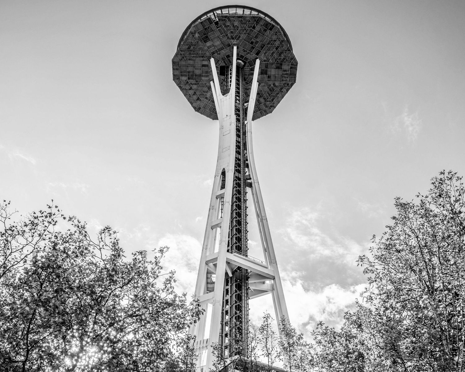 Black and white photo of Seattle Space Needle towering above trees against a cloudy sky.