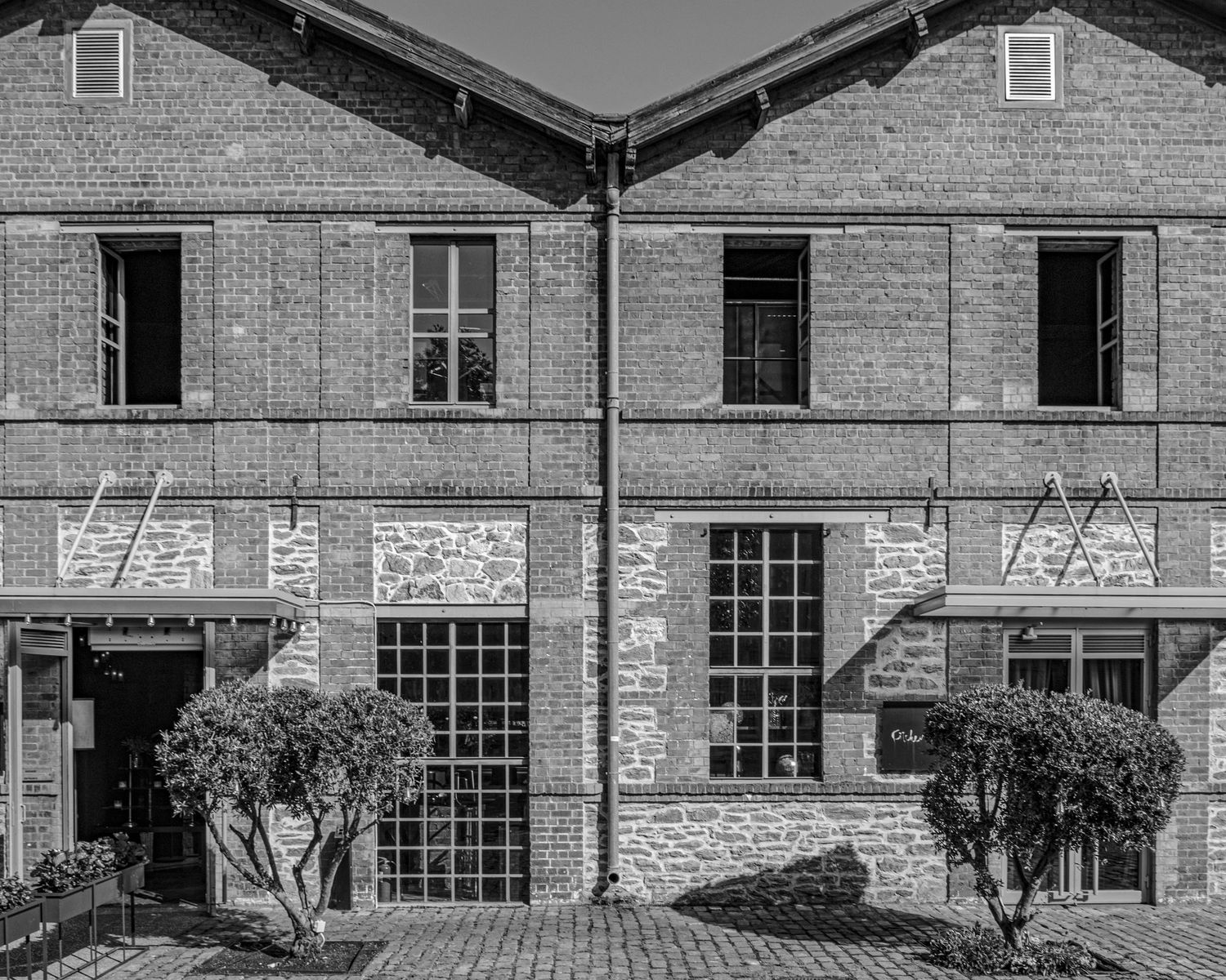Black and white photo of a symmetrical brick building facade with large windows, shrubs, and a central drainpipe.