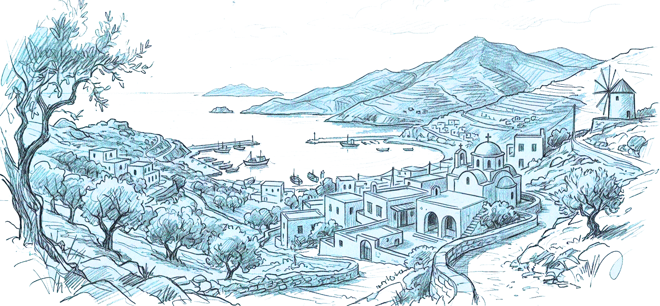 Blue ink sketch of a Greek island village with whitewashed buildings, windmill, harbor, and olive trees overlooking the sea.