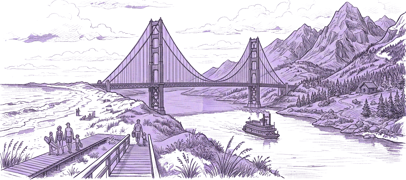 Purple-toned illustration of the Golden Gate Bridge with mountains, a steamboat, and people on a wooden pier.