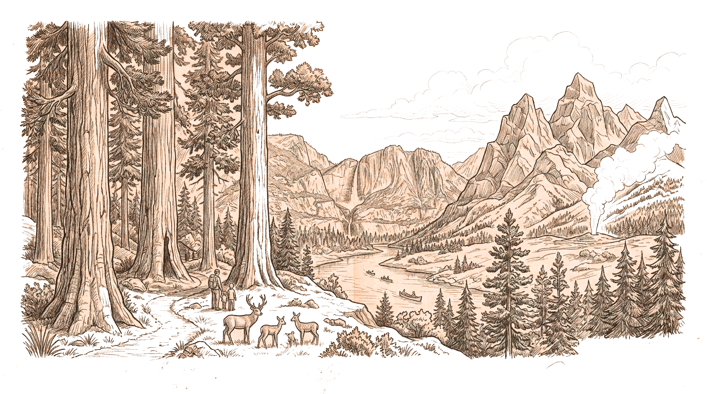 Detailed pencil sketch of towering redwood trees, deer, and dramatic mountain peaks in a serene wilderness landscape.
