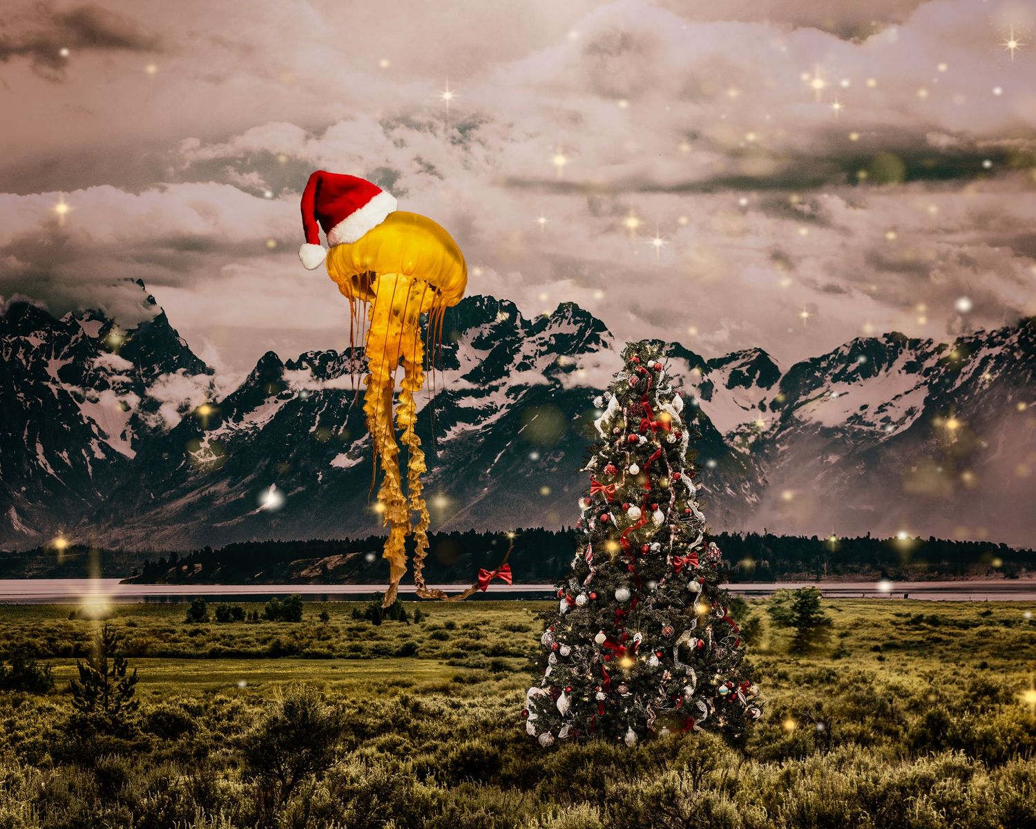 A festive Christmas tree stands before mountains as a jellyfish wearing a Santa hat floats in a surreal holiday scene.