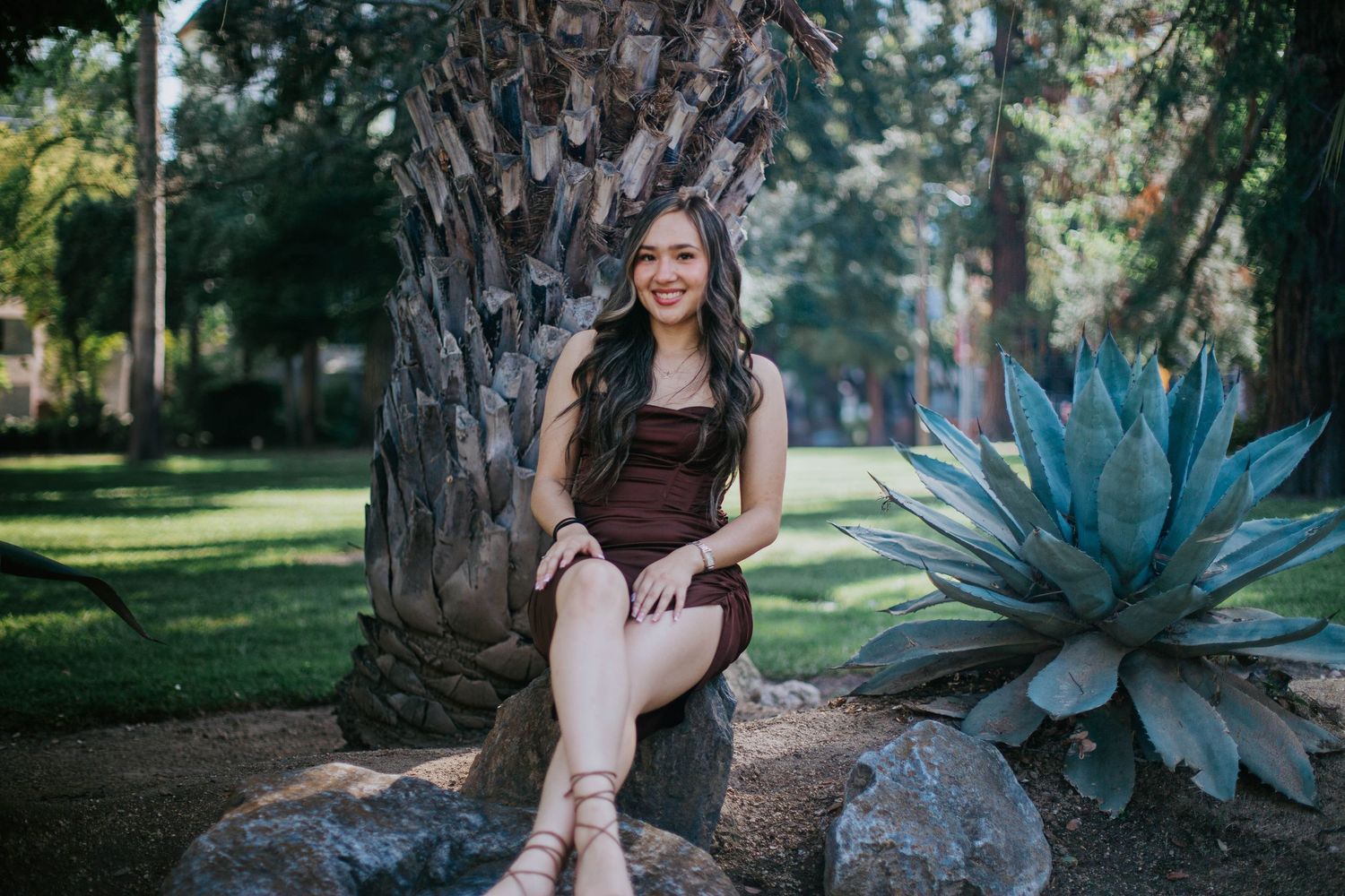 A person sits on a rock in a garden setting with palm trees and blue agave plants in the background.