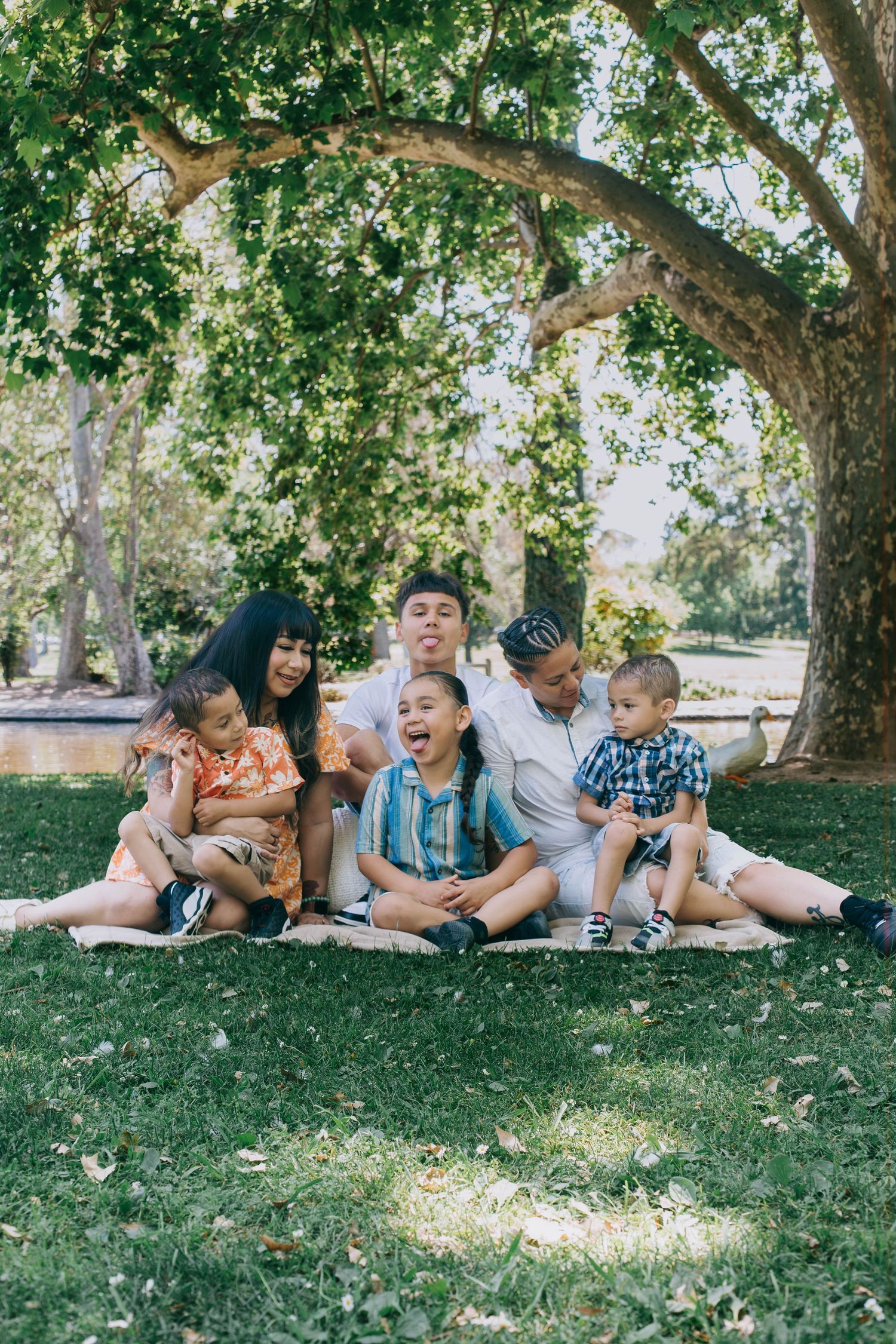 Happy group enjoys a relaxing summer afternoon picnic under a shady tree in the park.