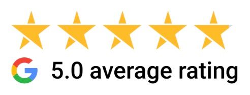 Google 5.0 average rating badge with five gold stars, representing perfect customer reviews and top-rated service.