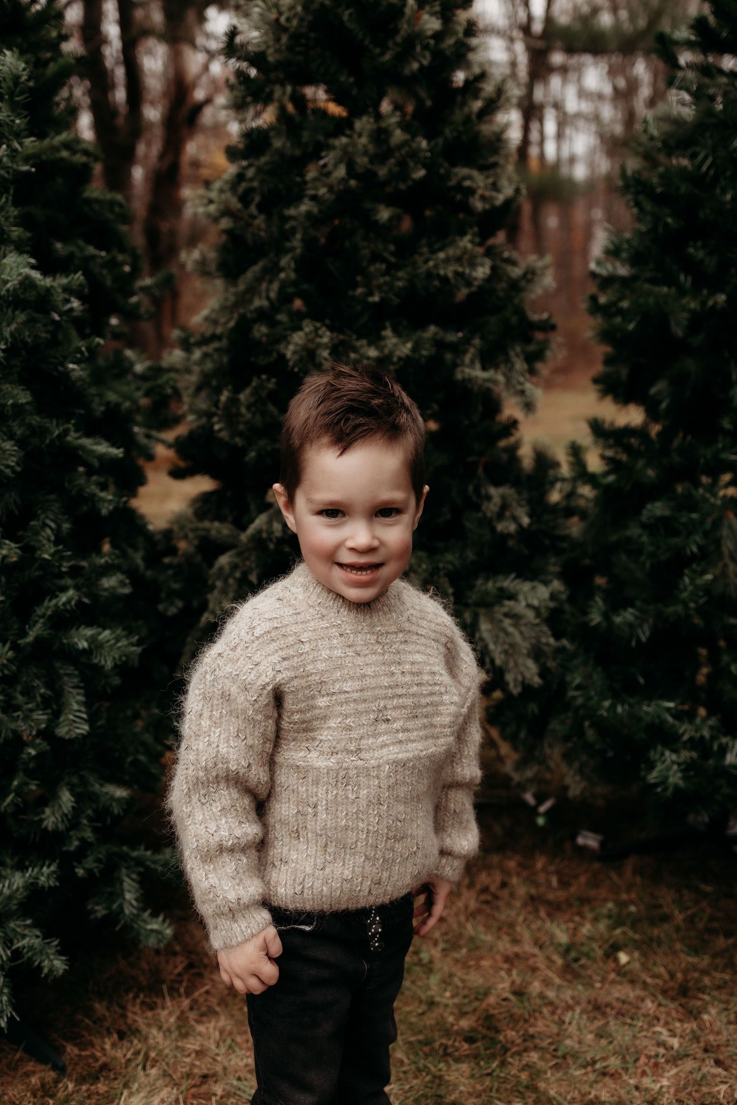 Young boy in a cozy beige knit sweater smiling outdoors among lush green Christmas trees.