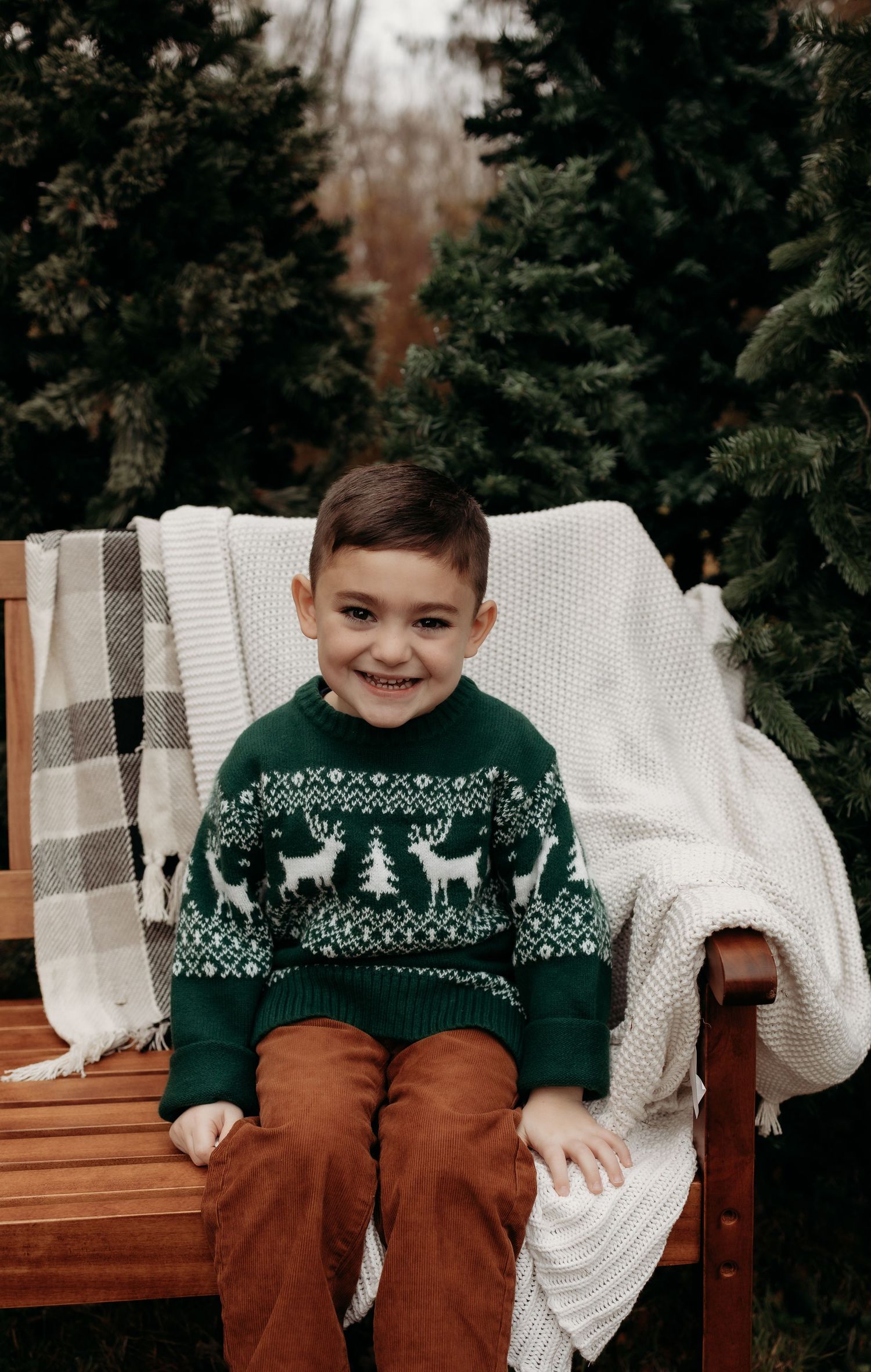 Young boy in green reindeer Fair Isle sweater smiling on wooden bench surrounded by Christmas trees.