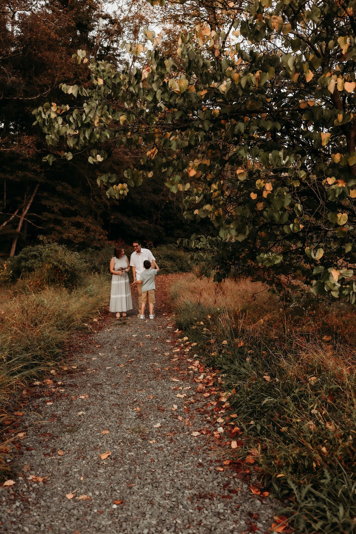 Family walking on autumn forest path surrounded by colorful fall foliage and dried grasses.