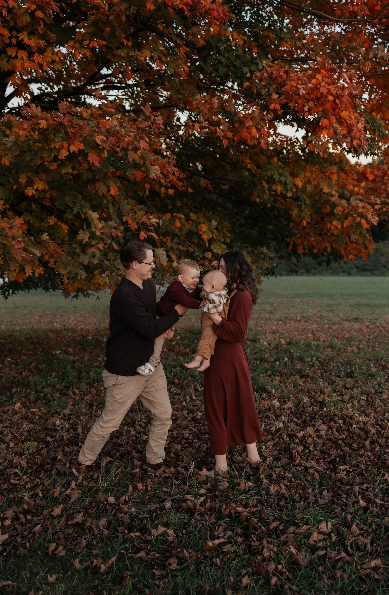 A family of four plays together on a leaf-covered lawn beneath a vibrant orange fall maple tree.
