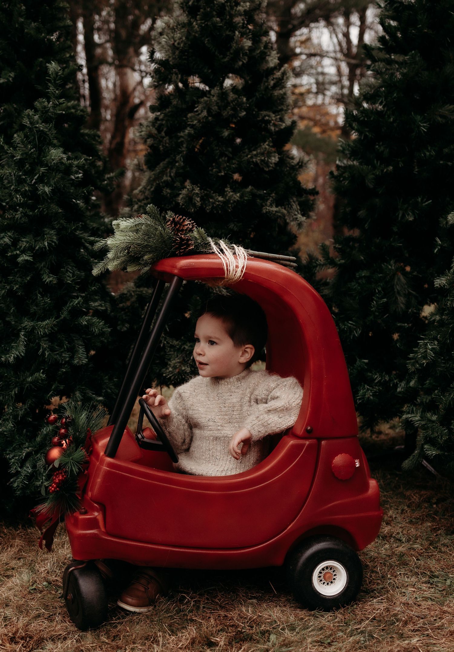 Toddler in cream sweater sits in red Little Tikes cozy coupe decorated with pine cones and greenery at a Christmas tree farm.