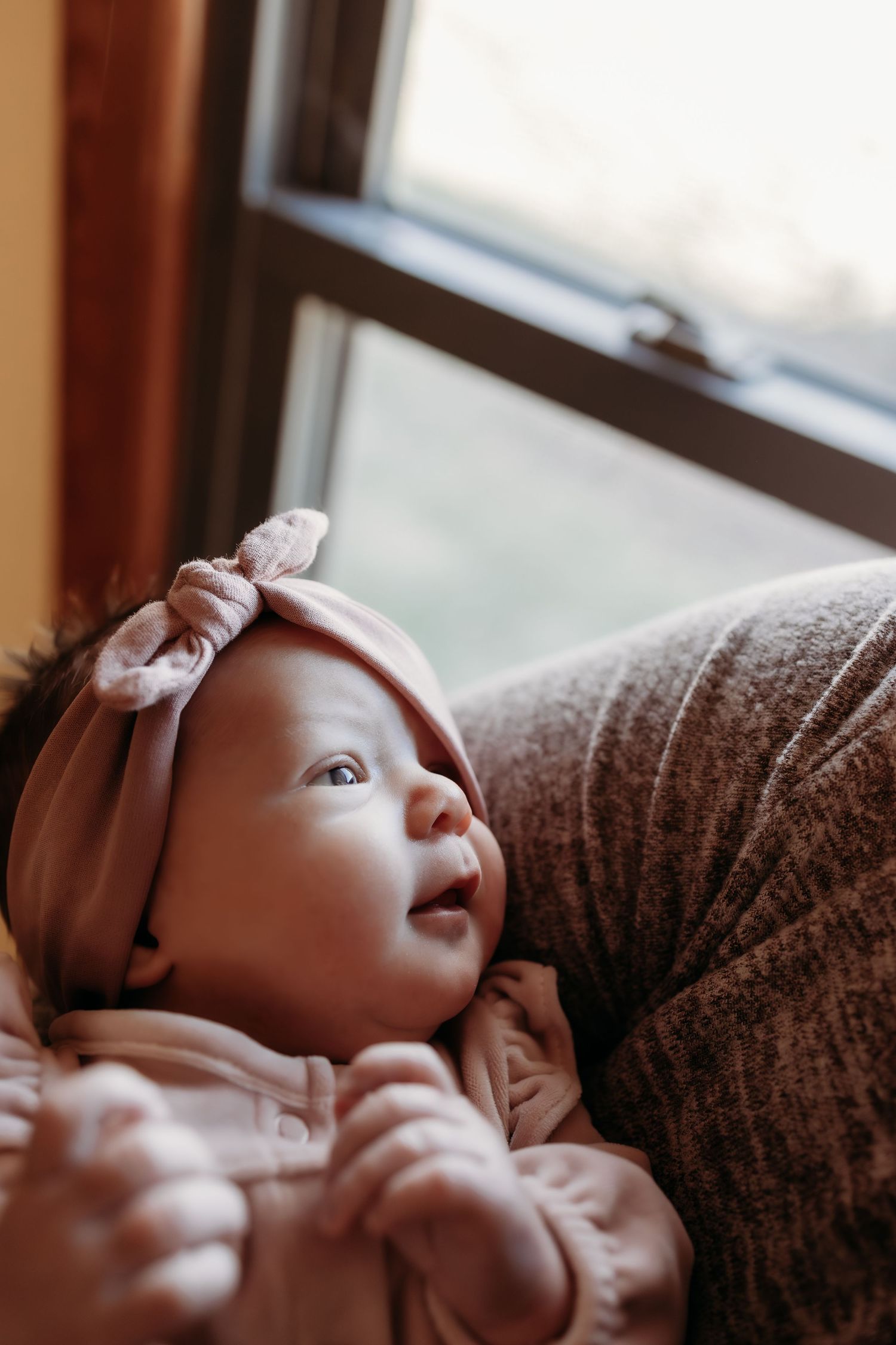 Alert newborn baby girl in pink outfit and bow headband gazing upward near window.
