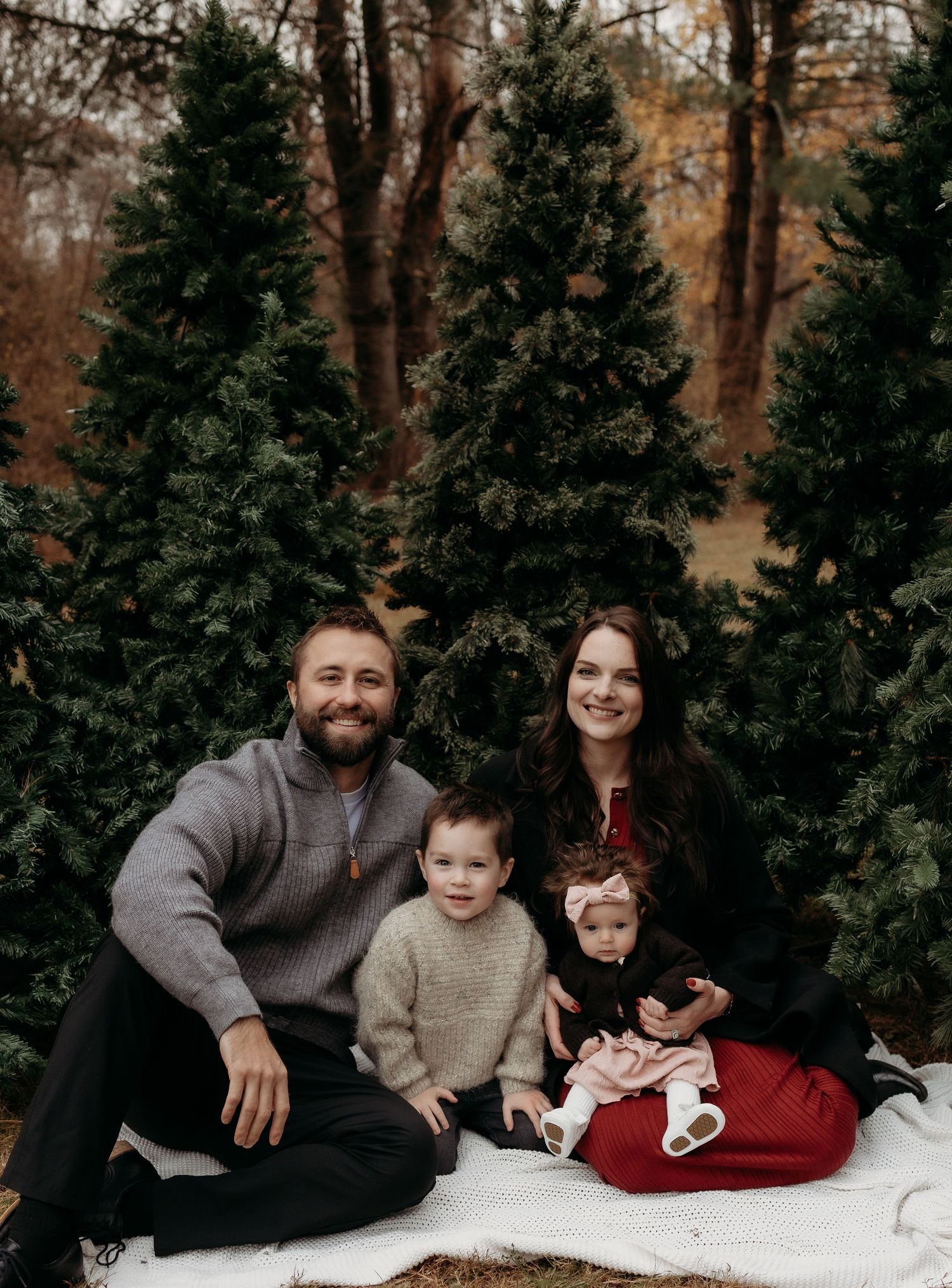 Family of four posing outdoors among evergreen trees on a white blanket for a festive holiday photo session.