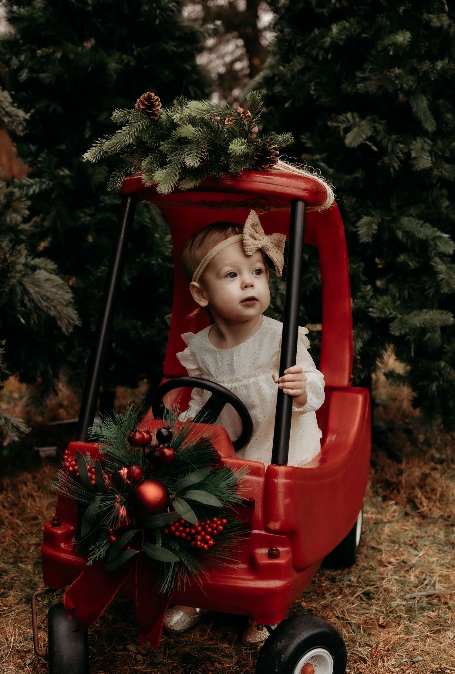Toddler girl in white dress sitting in red toy car decorated with Christmas greenery and berries at a tree farm.