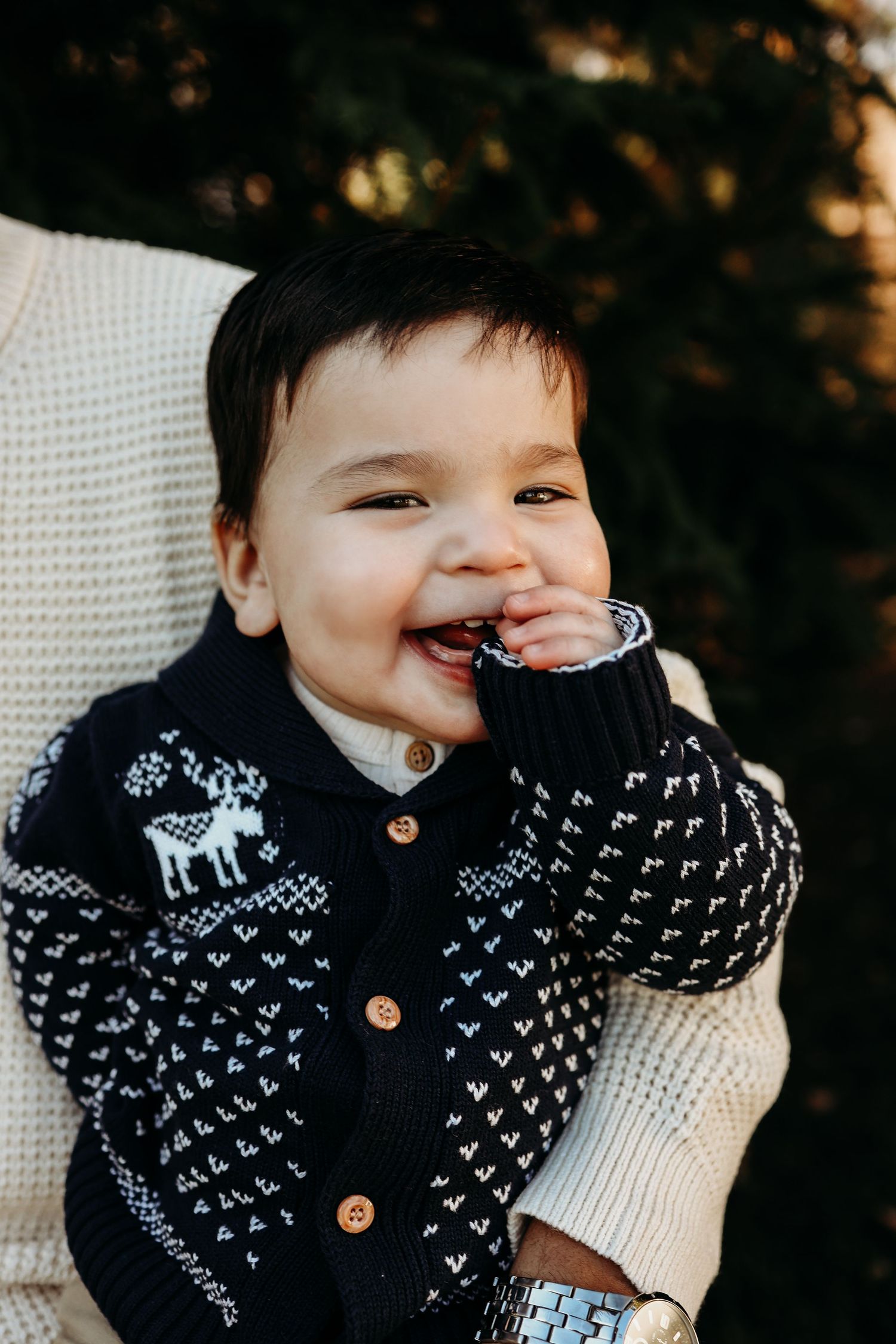 Smiling baby in a navy Fair Isle reindeer cardigan sweater sitting outdoors near evergreen trees.