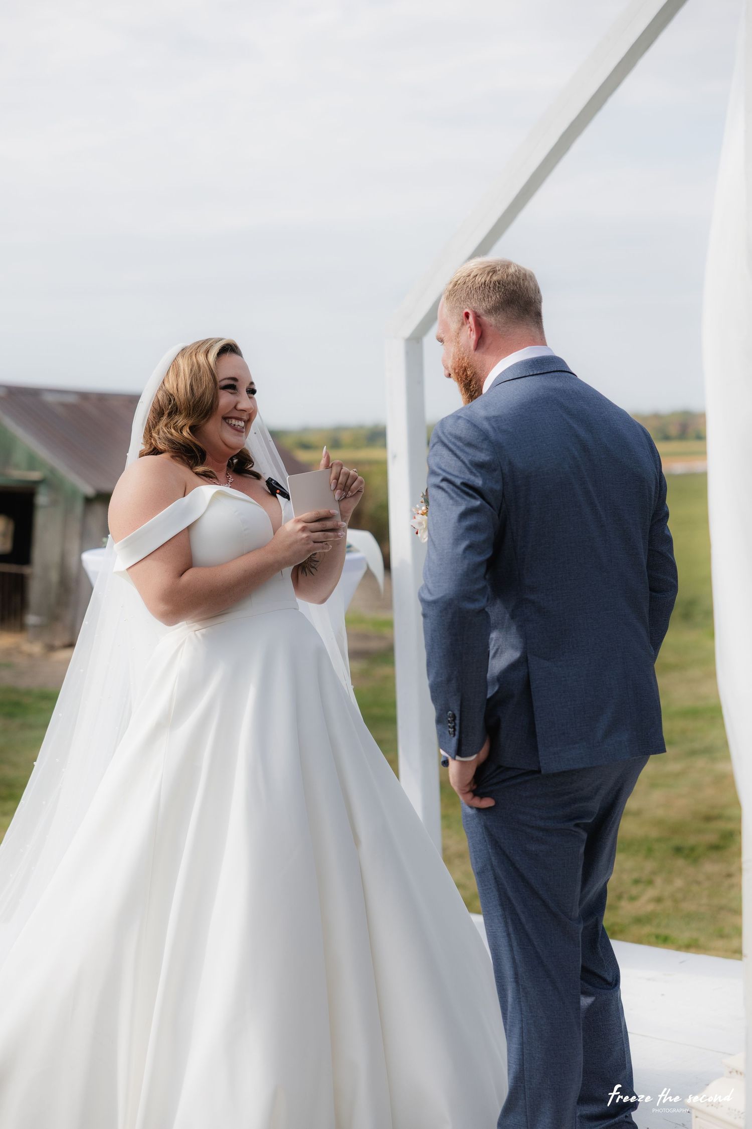 A series of wedding first look photos showing emotional reactions between a bride in white and groom in navy blue.