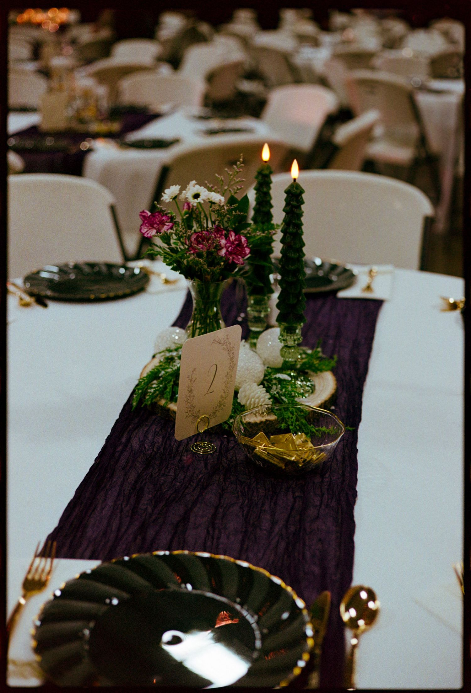 ©AnnaVonRiesenPhotography Wedding Photography | Film Color image of the reception decor; christmas themed with candles, pine cones, cloth.