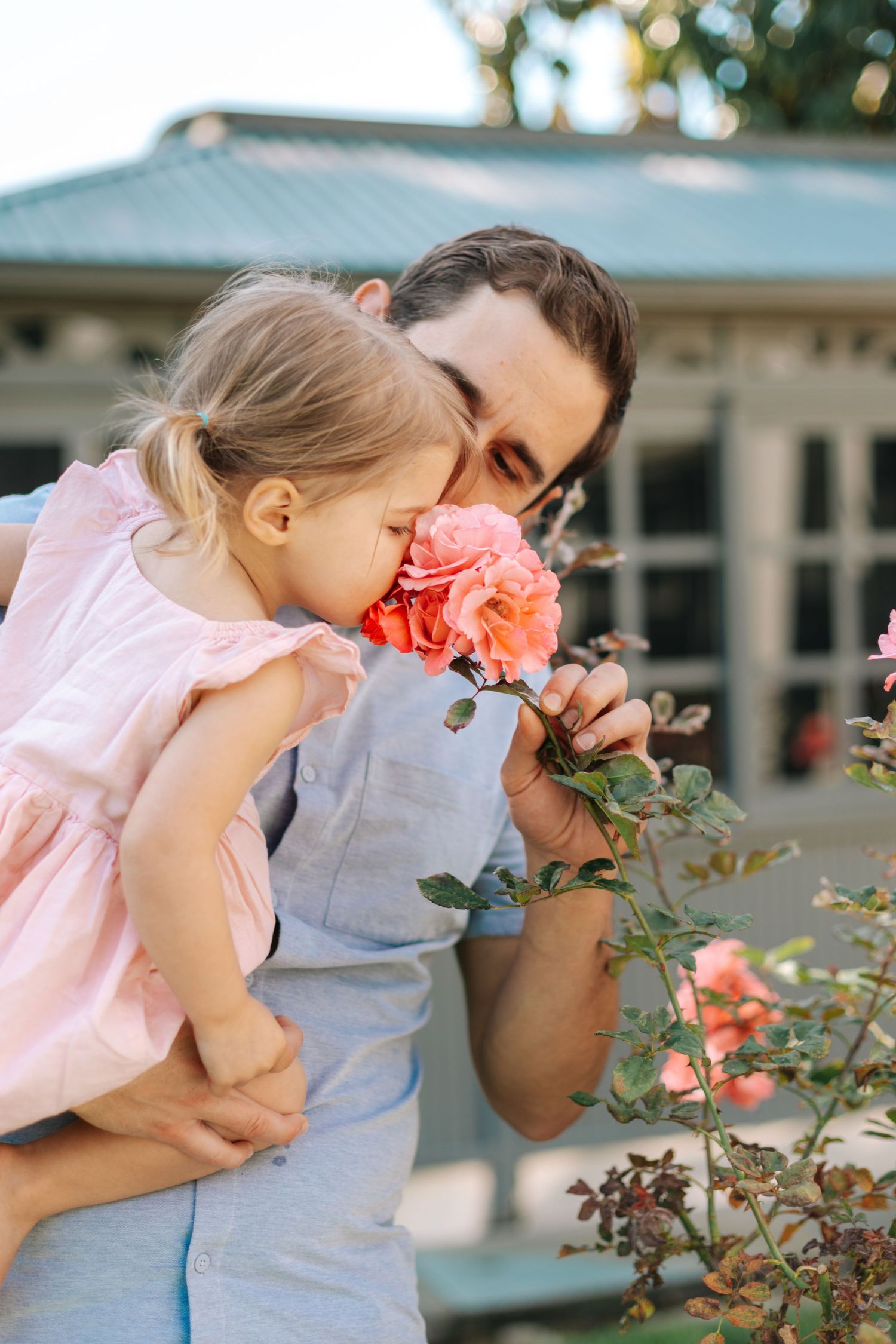 A father and toddler daughter smell pink roses together in a garden.