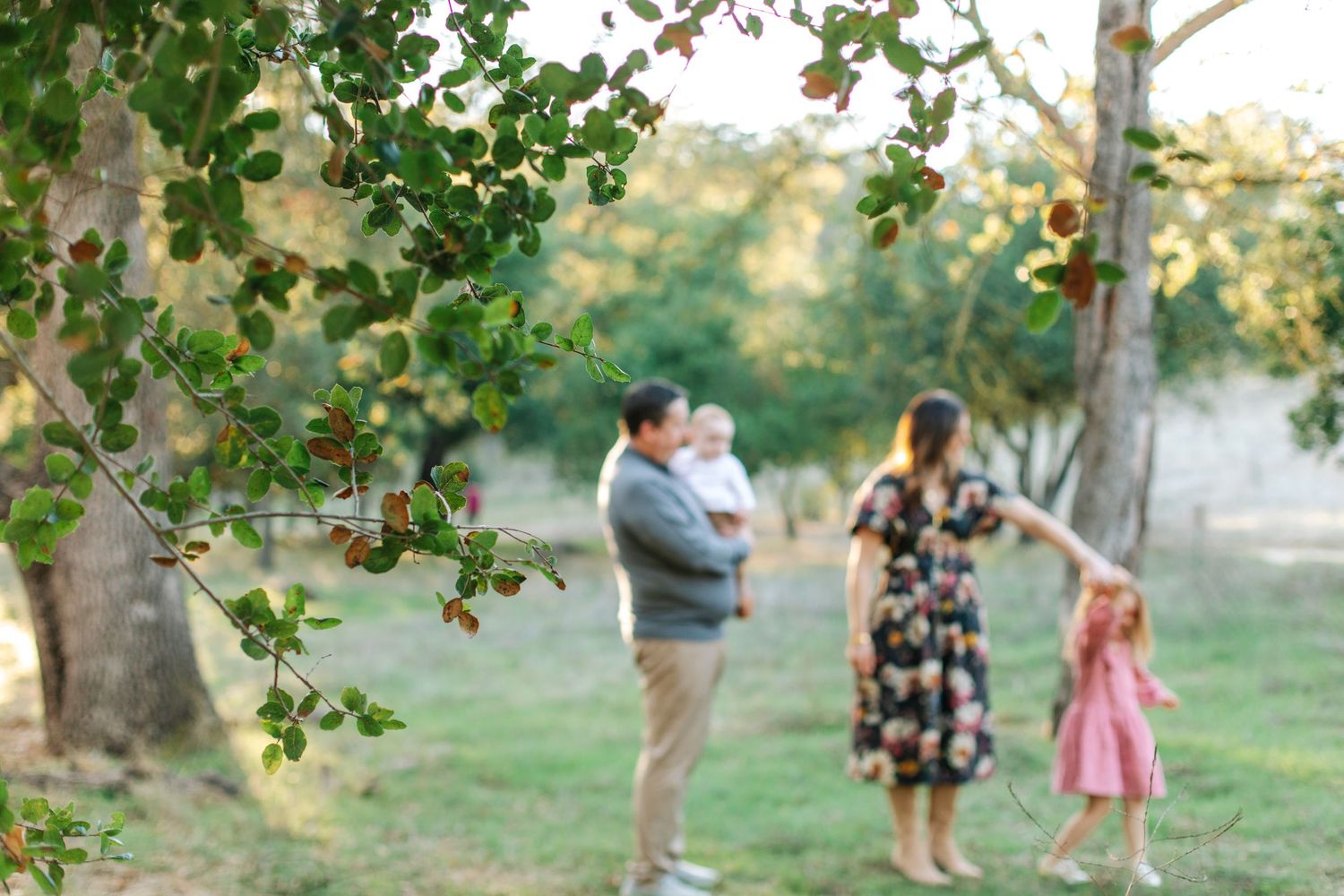 A family with young children stands in a lush orchard, framed by a branch with red berries.