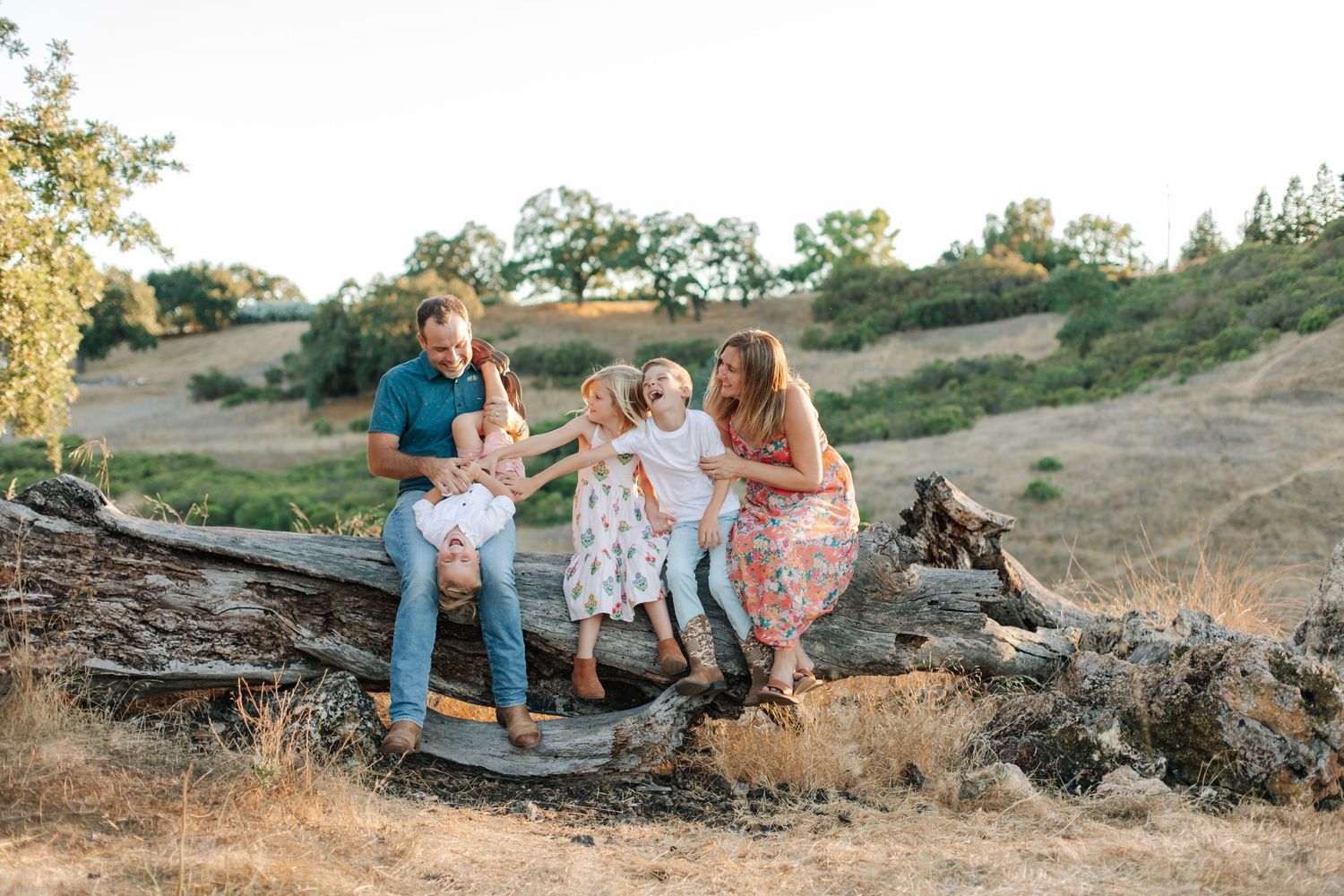 Family of five sitting on large fallen log in sunny California hillside landscape at golden hour.