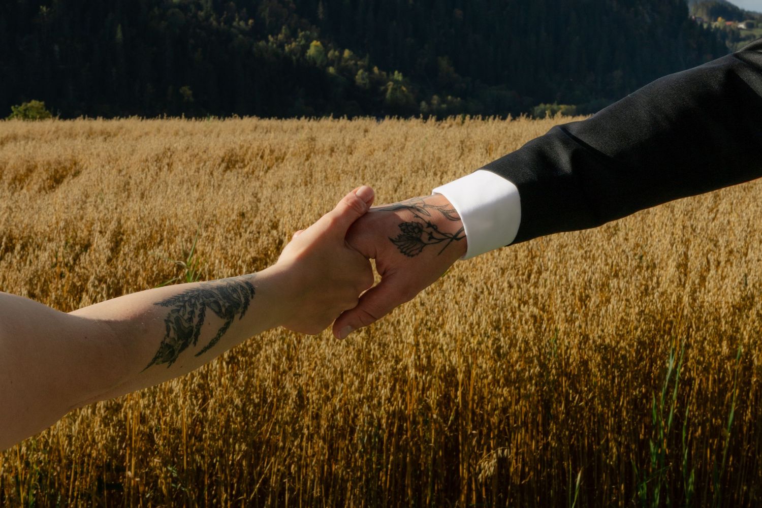 Tattooed bride and suited groom holding hands in a golden wheat field with mountain backdrop.