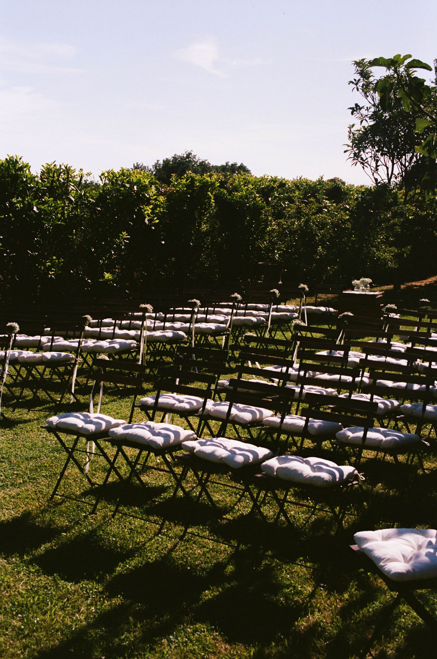 Rows of folding chairs with cushions set up outdoors for a garden ceremony.