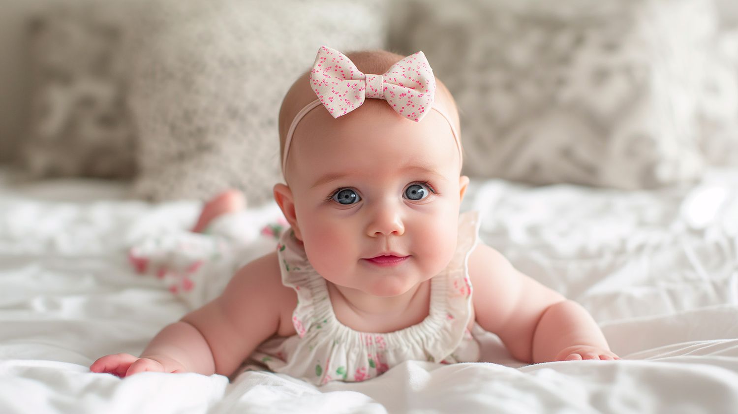 Baby wearingPortrait de bébé avec de beaux yeux bleus pink bow and white dress lying on textured bedding.