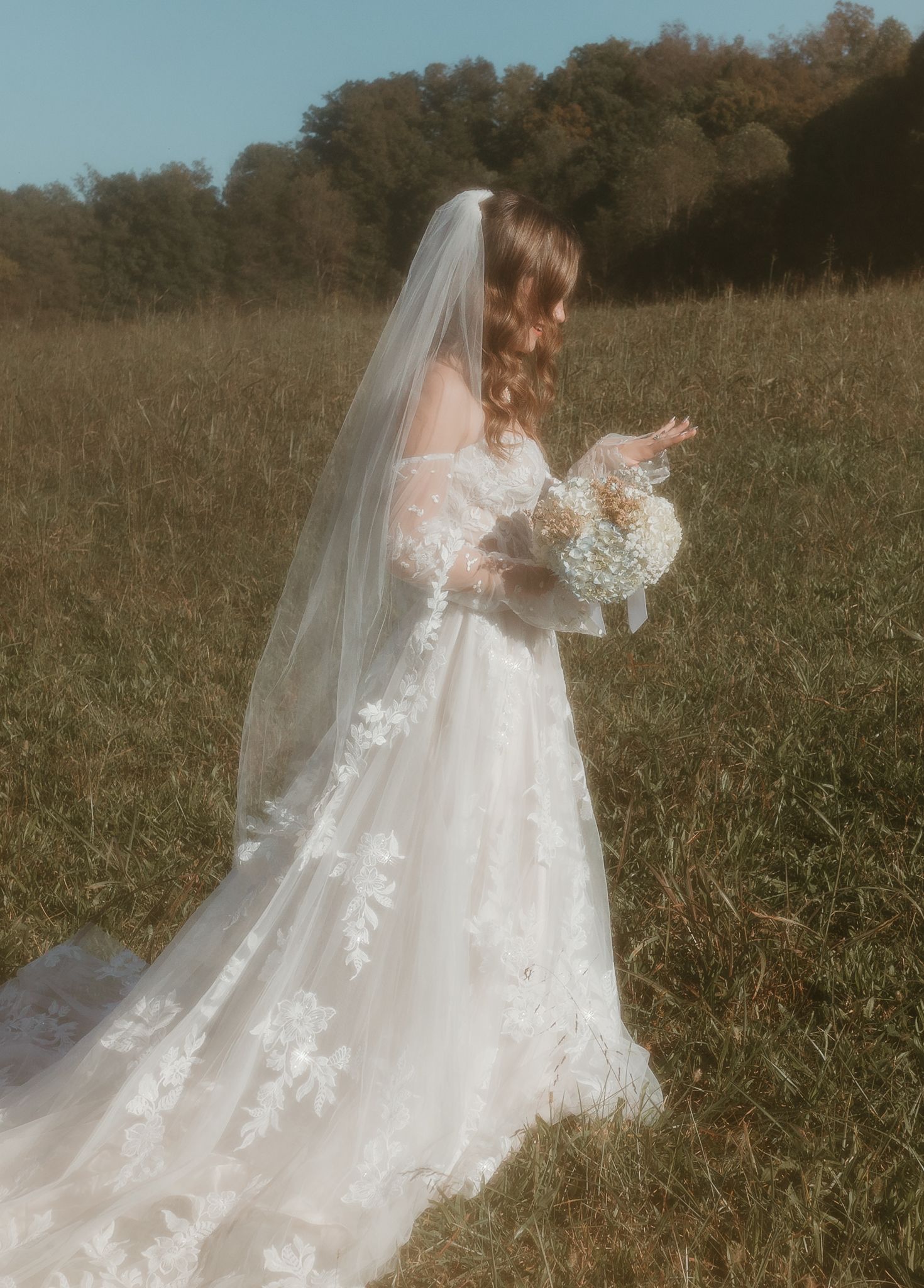 Romantic wedding portrait in golden field with flowing lace dress and veil.