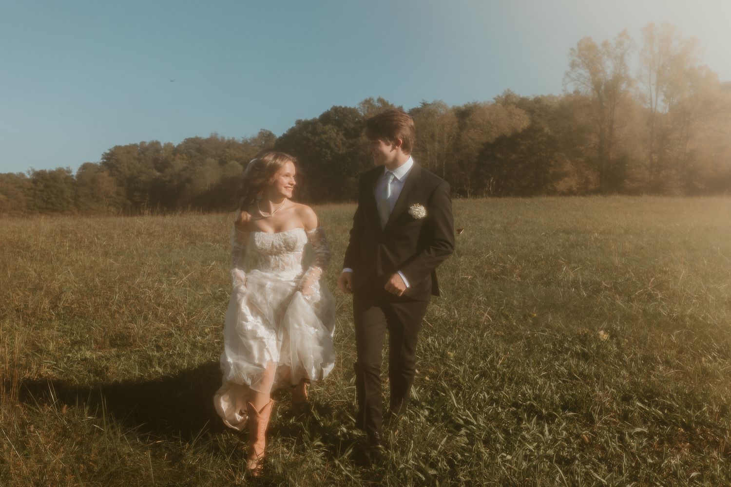 Romantic sunset wedding photo session in a misty open field Chattanooga Wedding Photographer