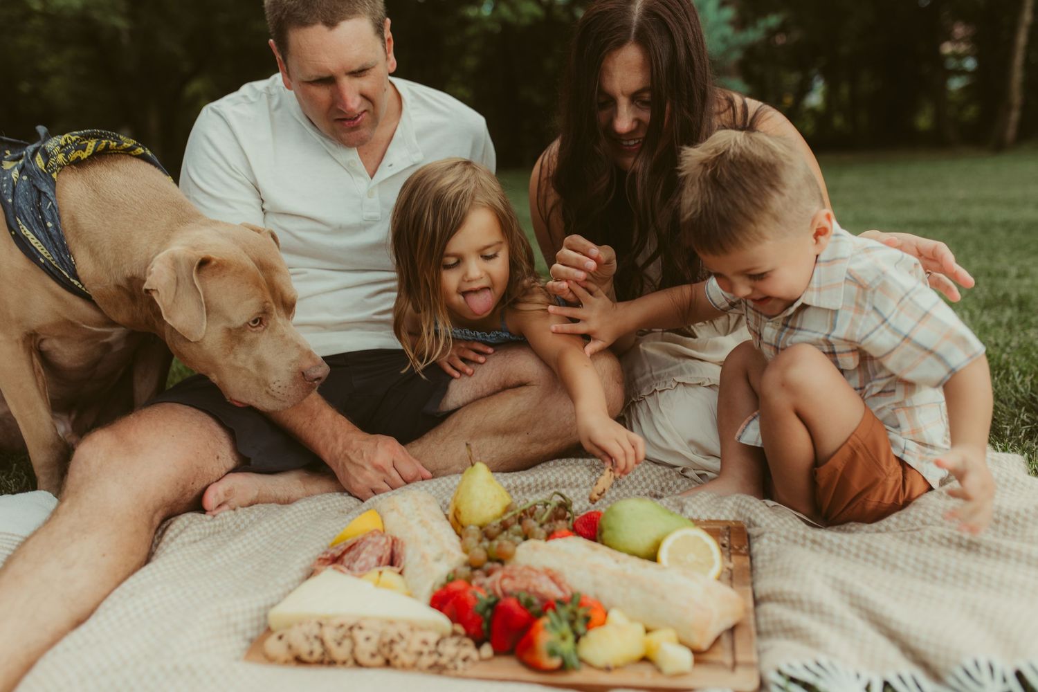 A family enjoys a picnic spread with fresh fruit and snacks on a blanket outdoors. Chattanooga Family Photographer