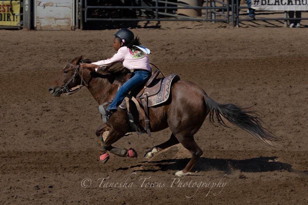 A sequence of rodeo action shots shows a rider performing a calf roping event in a dusty arena.