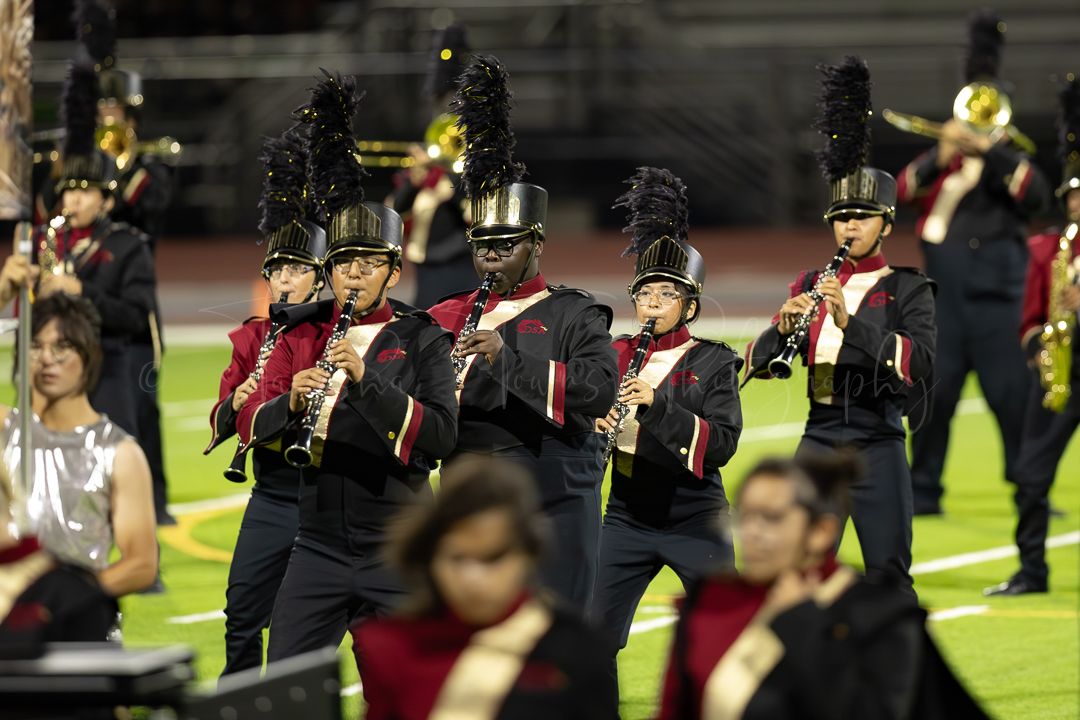 Marching band performers in formation with instruments on illuminated field.