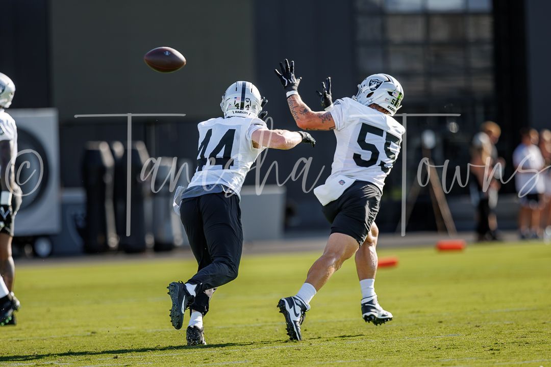 Las Vegas Raiders players #44 and #55 compete for a pass during outdoor training camp practice.