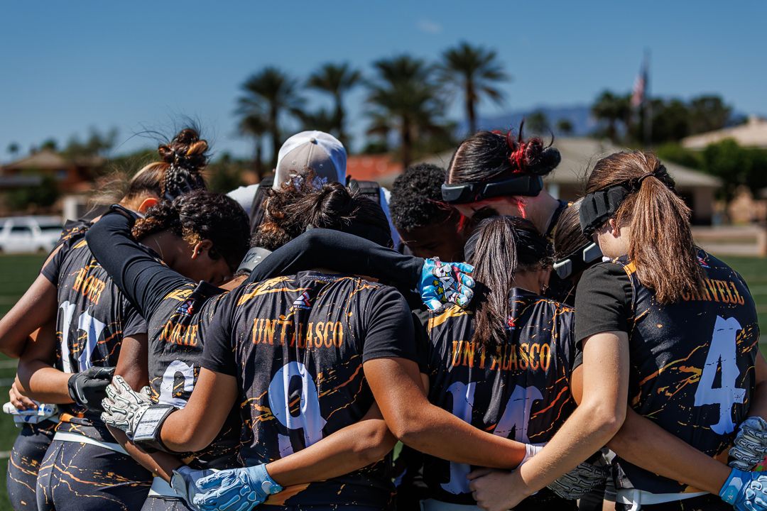 Female softball team huddles together on sunny field wearing black and gold uniforms during outdoor game day.