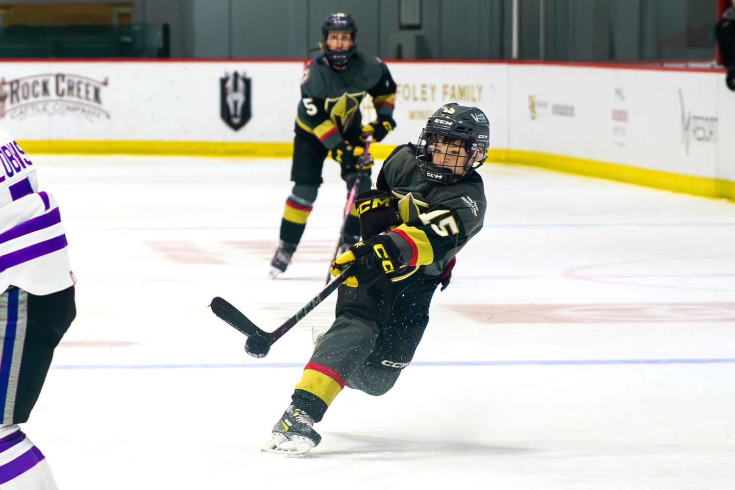 Hockey player in dark green jersey takes powerful shot during competitive game.