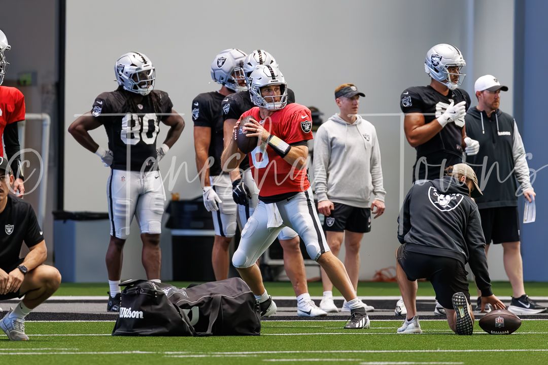 Raiders quarterback drops back to pass during indoor team practice session.