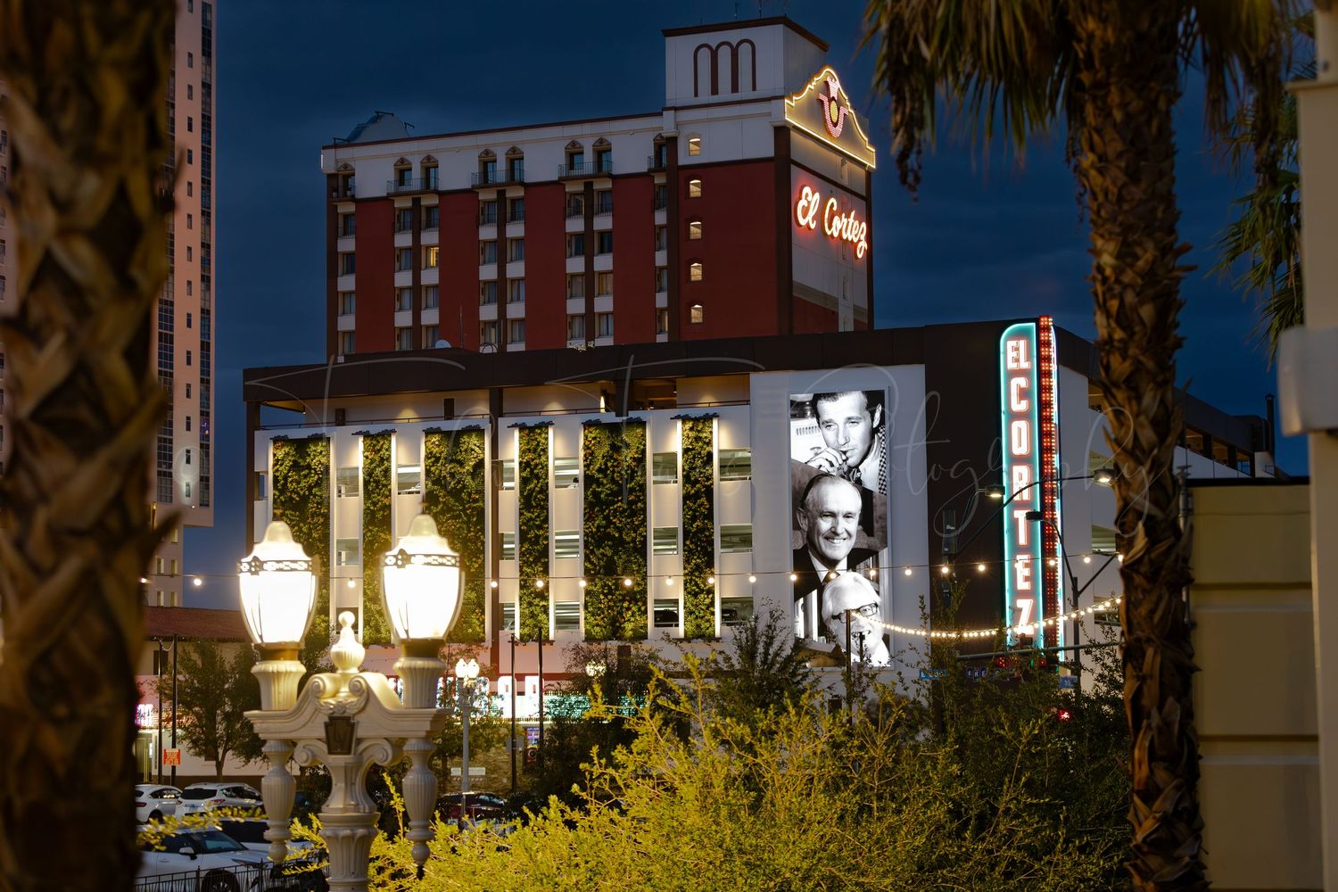 Urban nightscape featuring illuminated buildings and palm trees against a dark blue sky.