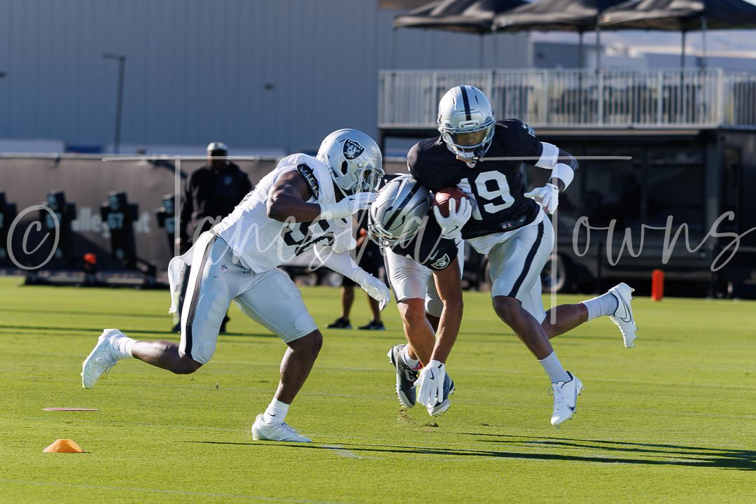 NFL players in Raiders uniforms compete during a football practice drill on a green field in bright sunlight.