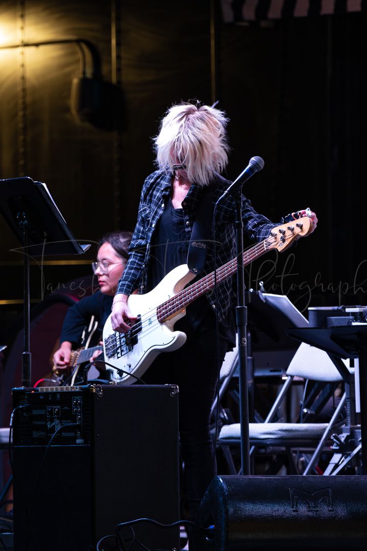Musicians playing bass and other instruments on a dimly lit stage during a performance.
