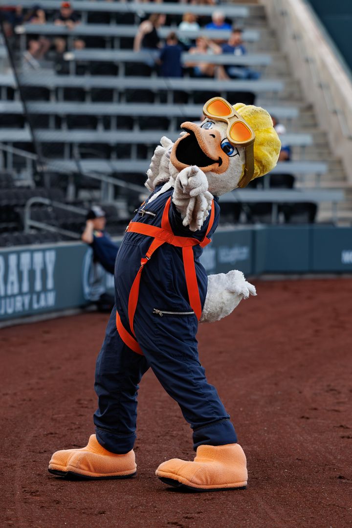 Baseball mascot in navy overalls and yellow hard hat performs on the dirt field during a minor league game.